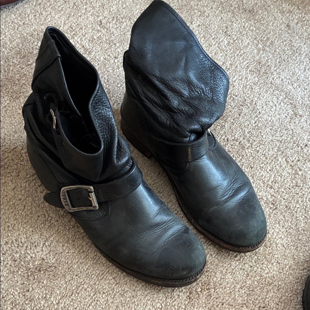 Frye Black Leather Boots with Silver Buckle